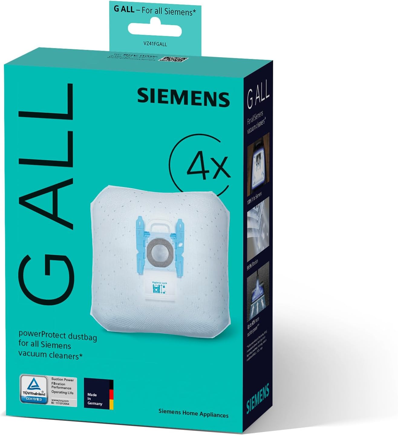 Siemens 4x Staubsaugerbeutel powerProtect Typ G ALL VZ41FGALL, 99,9% Feinstaubfilterung, höhere Reinigungsleistung, 50% längere Nutzungsdauer